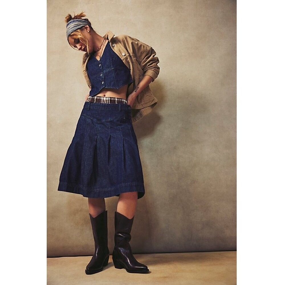 FREE PEOPLE Scout Denim Skirt Set Cropped Vest Top Dark Indigo Women's Size 4 6 - Picture 8 of 12